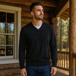 Express‎ Charcoal Extra Fine Merino Wool V-Neck Long Sleeve Cabin Cozy Holiday M